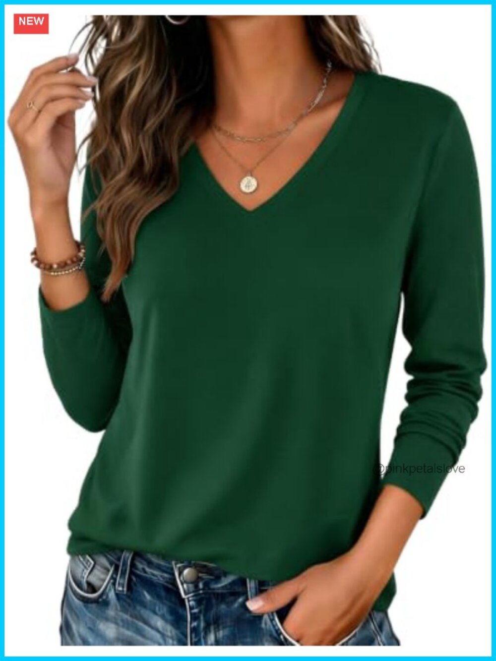 Womens V Neck Long Sleeve Casual Basic Tee